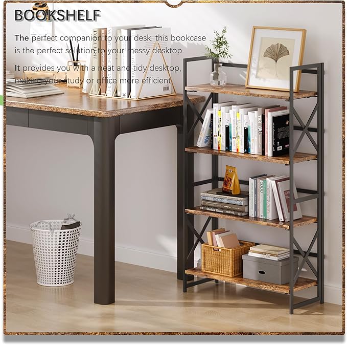 4NM 4 Tiers No Assembly Book Shelves, 41.3" H Folding Bookshelf Bookcase Open Industrial Foldable Shelves for Bedroom, Living Room, Home Office - Rustic Brown Black-Ruum Studio Home