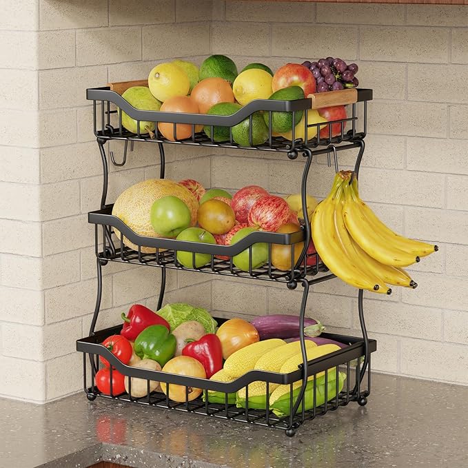 Giwil 3 Tier Countertop Fruit Basket for Kitchen, Vegetable Storage Bread Fruit Bowl Stand with 2 Banana Hooks, Wall Mounted Metal Wire Basket Organizer for Potato Onion, Black-Ruum Studio Home