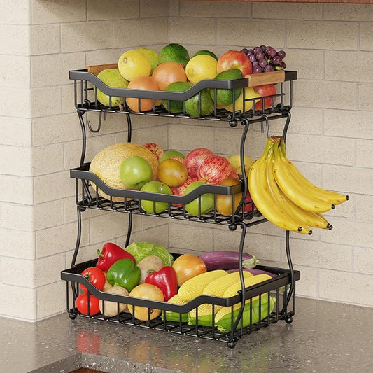 Giwil 3 Tier Countertop Fruit Basket for Kitchen, Vegetable Storage Bread Fruit Bowl Stand with 2 Banana Hooks, Wall Mounted Metal Wire Basket Organizer for Potato Onion, Black-Ruum Studio Home