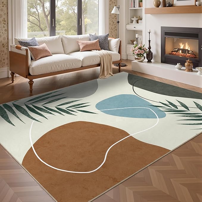 Indoor Outdoor Area Rug, Mid Century Outdoor Patio Rug, Washable Abstract Art Leaves Eucalyptus Rugs, Non-Slip Carpet for Camping, Living Room, Bedroom, Deck(5x8)-Ruum Studio Home