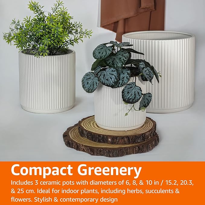 Amazon Basics Assorted Sizes Fluted Ceramic Round Indoor Outdoor Planters with Drainage, Set of 3, Modern Design, 6 inch, 8 inch, 10 inch, White-Ruum Studio Home