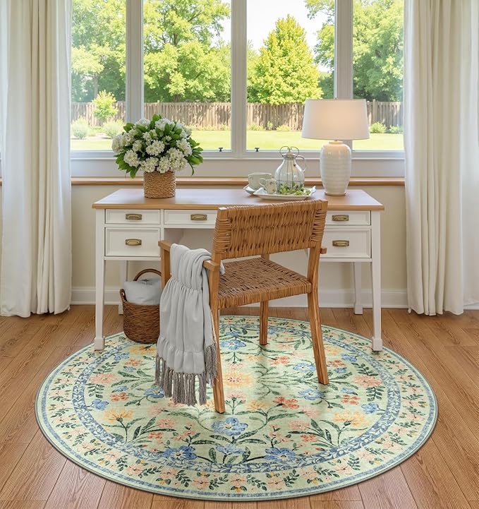 Wonnitar Washable Round Area Rug, 5ft Green Floral Round Rug Boho Soft Circle Carpet, Non Slip Low Pile Circle Accent Carpets for Kitchen Living Room Entryway Bedroom-Ruum Studio Home