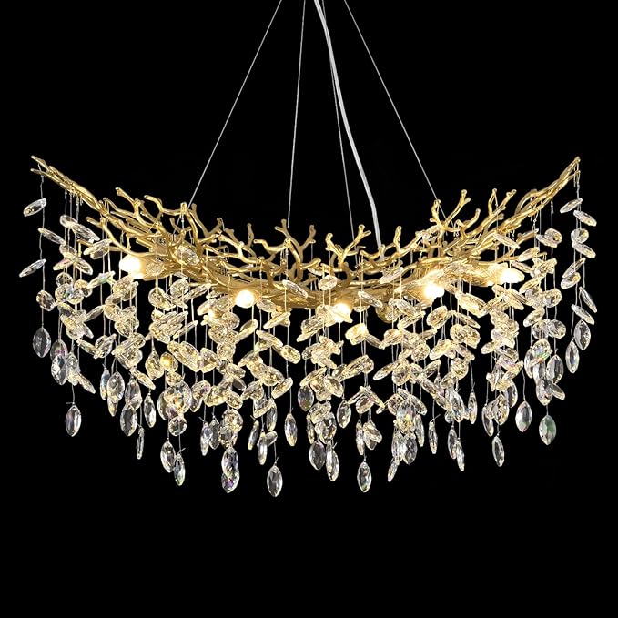 Modern Crystal Gold Chandelier, 36" Large Rectangular Oval Tree Branch Crystal Chandeliers for Dining Room,16-Light Flush Mount K9 Crystal Chandeliers, for Kitchen Island,Dining Room-Ruum Studio Home