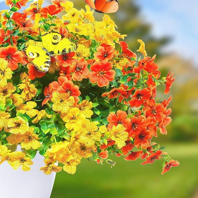 ‌20 Bundles Artificial Flowers for Outdoors‌ with 6 Faux Butterflies, UV Resistant ‌Fake Flowers‌ with Eucalyptus Leaves, ‌Artificial Plants Outdoor‌ for Patio Garden Porch Home Decor (Orange Yellow)-Ruum Studio Home