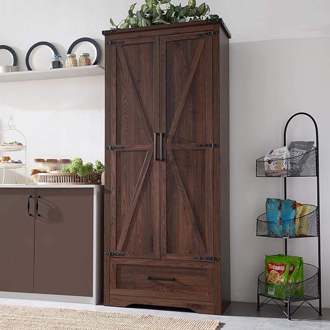 JXQTLINGMU Farmhouse Kitchen Pantry Cabinet - 72" Tall Wood Kitchen Storage Cabinets with Adjustable Shelves & 2 Barn Doors & Drawer, Versatile Storage for Dining Room, Bathroom, Rustic Brown-Ruum Studio Home