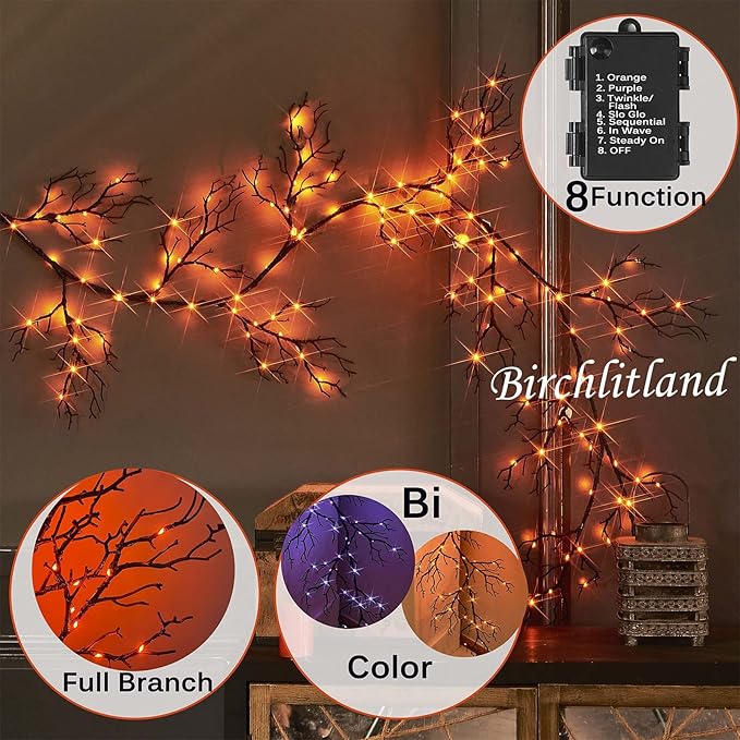 Birchlitland Halloween Lighted Garland 6FT 120L Orange and Purple Bi-Color LED Lights 8 Functions, Black Glittered Garland Lights Battery Operated for Indoor and Outdoor Halloween Party Decoration-Ruum Studio Home