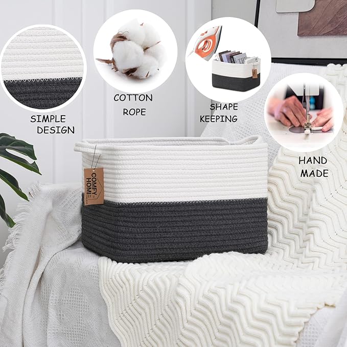 COMFY-HOMI Cotton Rope Woven Basket with Handles for Shelves,Toys,Book, Cloth Storage Baskets Bin for Organizing-13.5"x11"x9.5" Toy Decorative Organizer for Living Room, Bathroom-White/Dark Grey-Ruum Studio Home