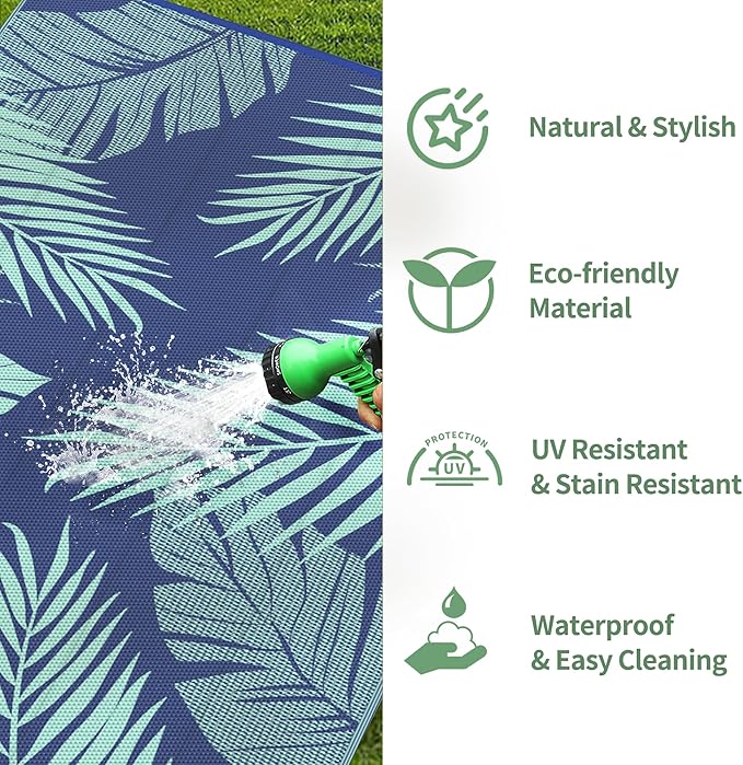 GENIMO Outdoor Rug 8' x 10' Waterproof for Patios Clearance, Reversible Outdoor Plastic Straw Camping Rug Carpet, Large Area Rugs Mats for RV, Camper, Deck, Balcony, Porch, Beach Royal Blue&Blue Green-Ruum Studio Home