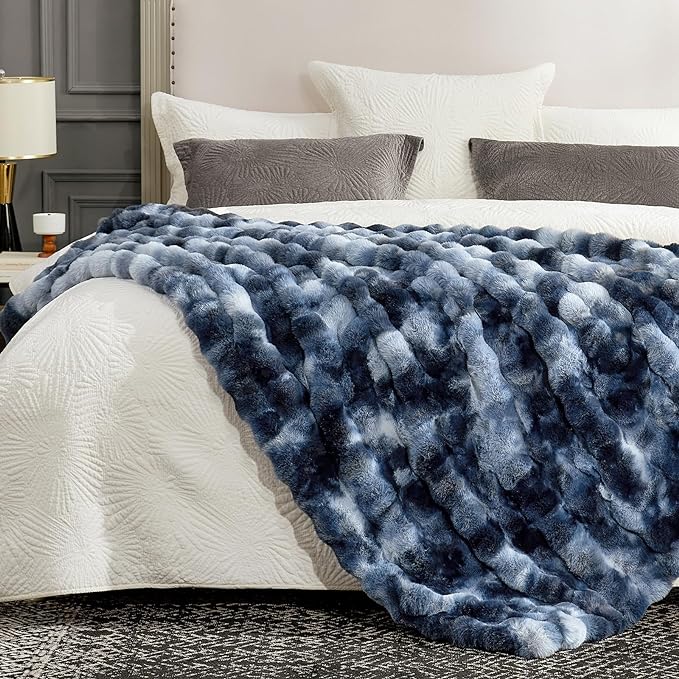 Cozy Bliss Faux Fur Throw Blanket for Couch, Fuzzy Soft Plush Thick Bubble Blanket for Sofa Bedroom Living Room, 50 * 60 Inches Tie-dye Blue-Ruum Studio Home