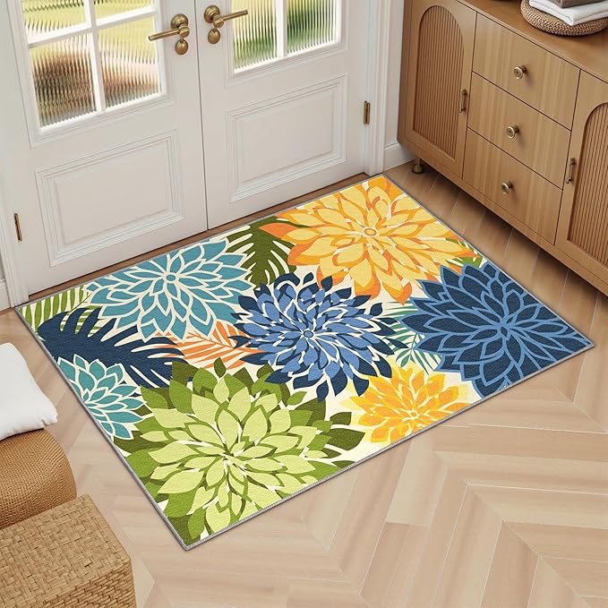 Area Rug 2x3 Yellow Green Washable Entry Small Rug Multicolored Tropical Botanical Modern Floral Indoor Kitchen Door Mat Entrance Carpet Non Slip for Bedroom Living Room, Porch-Ruum Studio Home