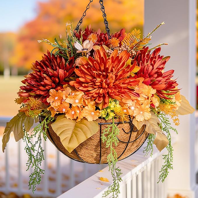 Artificial Fake Hanging Mums Flowers Plants Baskets for Outdoor Outside Decoration, Faux Silk Orange Flower Chrysanthemum UV Resistant Realistic for Porch Patio Balcony Yard Decor-Ruum Studio Home