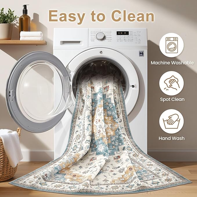 Washable Area Rugs for Living Room - 5x7 Neutral Vintage Distressed Floral Farmhouse Boho Large Soft Floor Rug Indoor Non Slip Carpet for Living Room Bedroom Dining Room Office - Blue/Yellow/Beige-Ruum Studio Home