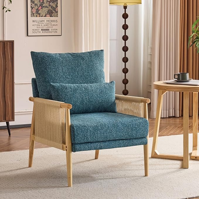 VINGLI Boho Braid Accent Armchair,Mid-Century Modern Chiar with Solid Wooden Armrest,Comfy Louge Cushion Chair with Waist Pillow for Bedroom,Living Room,Reading Room, Teal-Ruum Studio Home