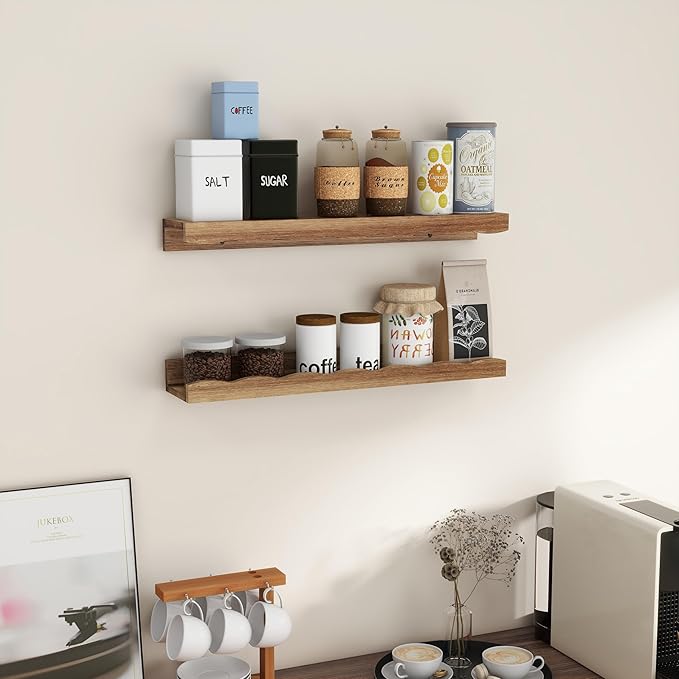 Fun Memories Picture Ledge Shelf for Wall, 24 inch Pine Wood Nursery Book Shelves Set of 2- Wall Book Shelves for Kids Room, Home Decor - Kitchen Spice-Carbonized-Ruum Studio Home