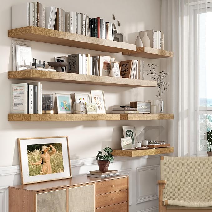 Deep Floating Shelves for Wall - 55 Inch Wide x 12 Inch Deep Wall Shelves Set of 1 - Rustic Oak Color Wood Shelves for Living Room, Bathroom, Laundry Room, Bedroom, Kitchen, Home Office-Ruum Studio Home