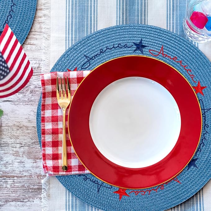 Whaline 4Pcs Round Independence Day Placemats Patriotic Stars Embroidered Place Mats 4th of July Dinner Table Mats for Home Holiday Birthday Party Decor-Ruum Studio Home
