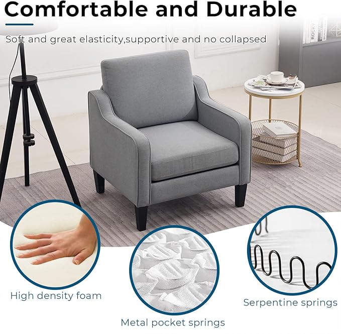 VINGLI Mid Century Modern Accent Chair, Light Grey Fabric Accent Chairs for Living Room Upholstered Armchair with Scooped Arms for Bedroom, Apartment, Studio, Office, Waiting Room-Ruum Studio Home