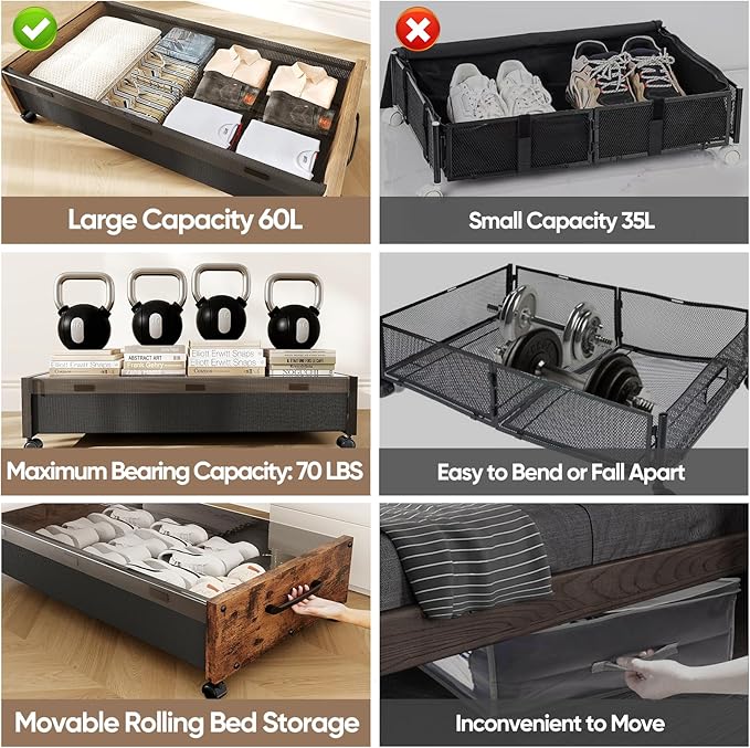 Wooden Under Bed Storage with Wheels, Rolling Under the Bed Storage Bins with Removable Lid, Metal Under Bed Drawers for Clothes and Shoes in Bedroom or Living Room(Vintage Brown-1pack)-Ruum Studio Home