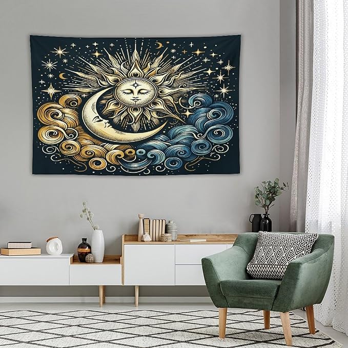 HZOHNAGO Sun Moon Tapestry Boho Golden Stars Pattern Printed Wall Tapestry Wall Hanging for Bedroom Living Room Dorm 90" W x 60" H-Ruum Studio Home