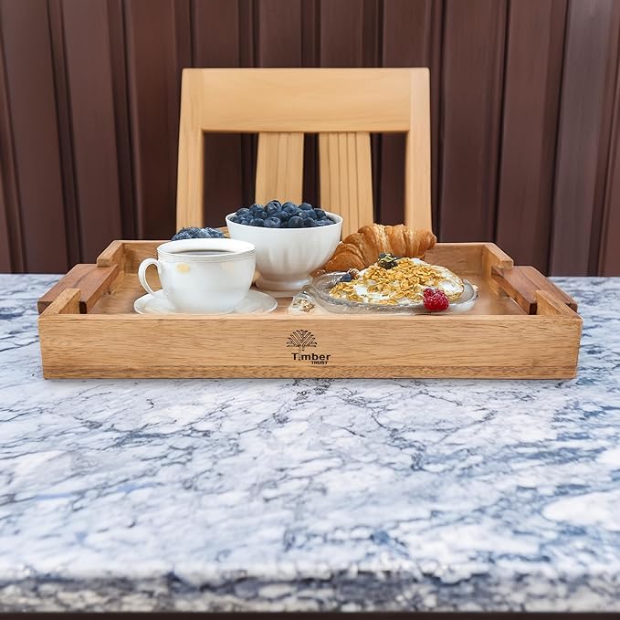 Mango Acacia Wood Serving Trays with Handles – Set of 2 Large Decorative Wooden Trays for Breakfast in Bed, Dinner, Snacks, Coffee Table, Ottoman, Couch & Patio Party – (16x10x1.75 & 8x12x1.75) Inches-Ruum Studio Home