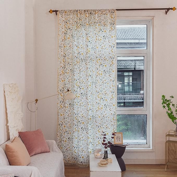 Sutuo Home Boho Curtain Semi-Blackout Yellow Florals Print Cotton Linen Fabric, Handmade Tassels Rod Pocket Bohemian Farmhouse Country Window Drapes for Living Bedroom, 59" W x 84" L, 1 Panel-Ruum Studio Home