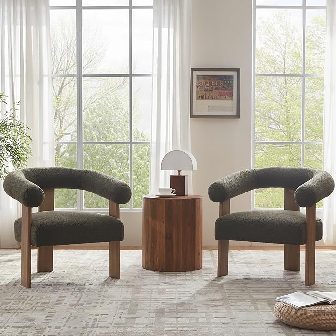 VKNOW Accent Chairs Living Room Chairs, Modern Upholstered Armchair with Solid Wood Legs, Comfy Barrel Arm Chairs for Living Room Office, Sage Green-Ruum Studio Home