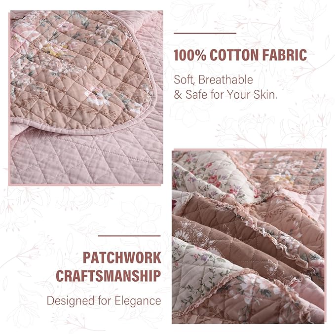 NEWLAKE Quilt Set Queen Size, Cotton Patchwork Pink Floral Quilt Sets, Real Stitched Embroidery Bedspread Lightweight and Breathable for All Seasons, Soft Quilted with 2 Pillow Shams-Ruum Studio Home