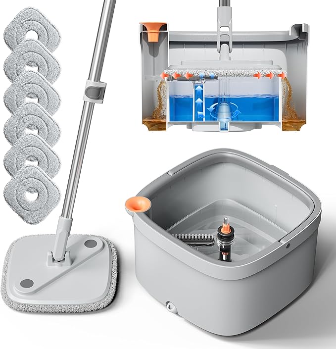 KZKR Spin Mop and Bucket Set with Self Separation Dirty and Clean Water System, Self Wringing 360° Rotating Square Mop Head for Home Floors Cleaning (1.0 Mop and Bucket Set (6 Pads))-Ruum Studio Home