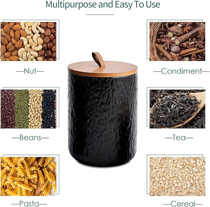 JOJUNO Black Ceramic Canister Set with Wooden Lid, 3-Piece Airtight Food Storage Jars for Kitchen Counter - Flour, Sugar, Coffee, Tea, Spice - Small, Medium, Large Sizes - Stone Texture-Ruum Studio Home
