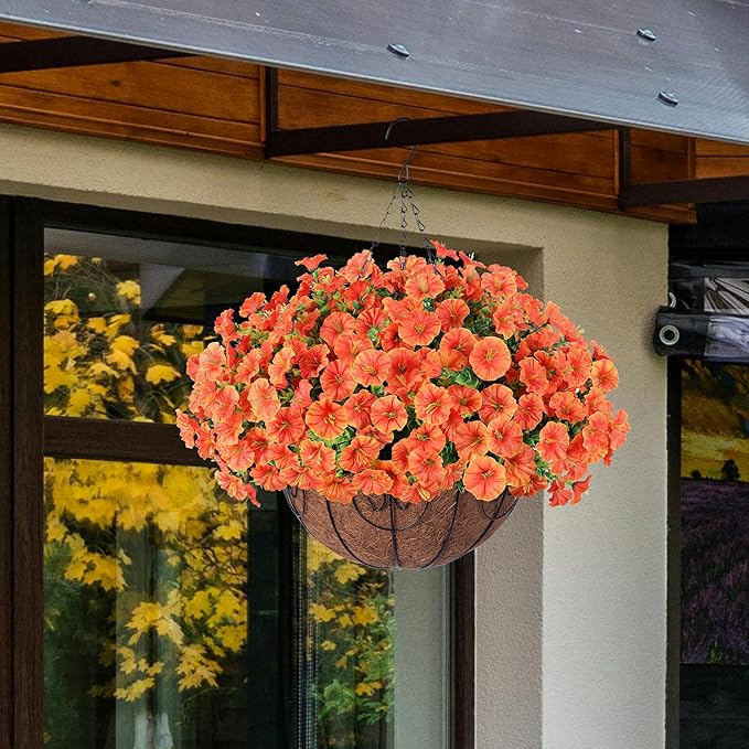 Artificial Fall Flowers Fake Hanging Plants Flowers Basket for Outdoors Autumn Decoration, Orange Silk Morning Glory with Eucalyptus Look Real UV Resistant Faux Flowers for Outside Porch Patio Balcony-Ruum Studio Home