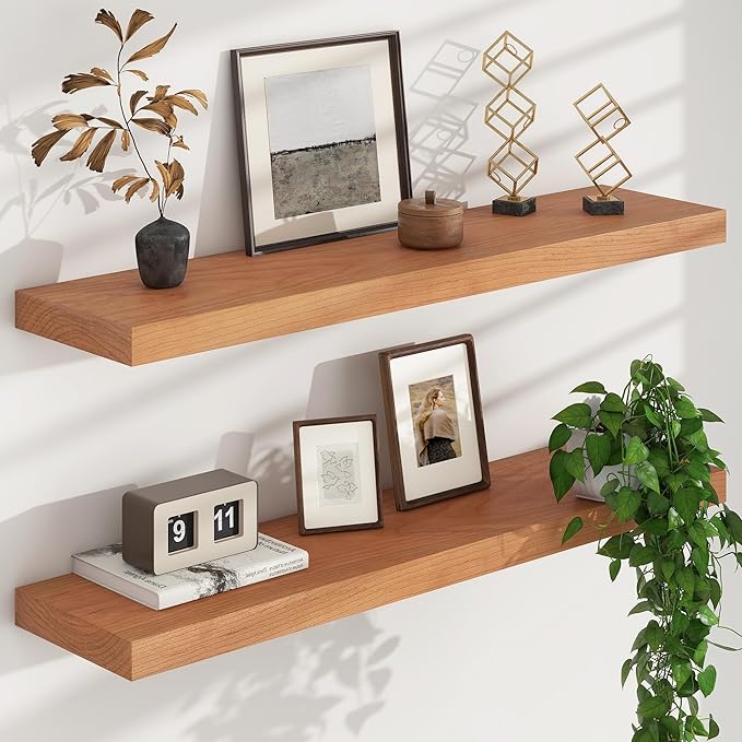 Floating Shelves for Wall, USA-Sourced Cherry Wood 36 Inch Long Wall Shelves Set of 2, Natural Wooden Wall Mounted Picture Ledge Shelf, Nursery Book Storage Shelf Kids Bookshelf, Display Shelf-Ruum Studio Home