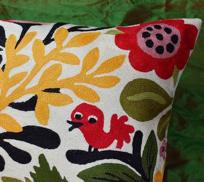 Red Polish Floral Pillow Cover Bird Flower Pillowcase Floral Outdoor Suzani Cushions Flowery Throw Chair Cushion Farmhouse Pillowsham Hand Embroidered Wool 18x18 Inch-Ruum Studio Home