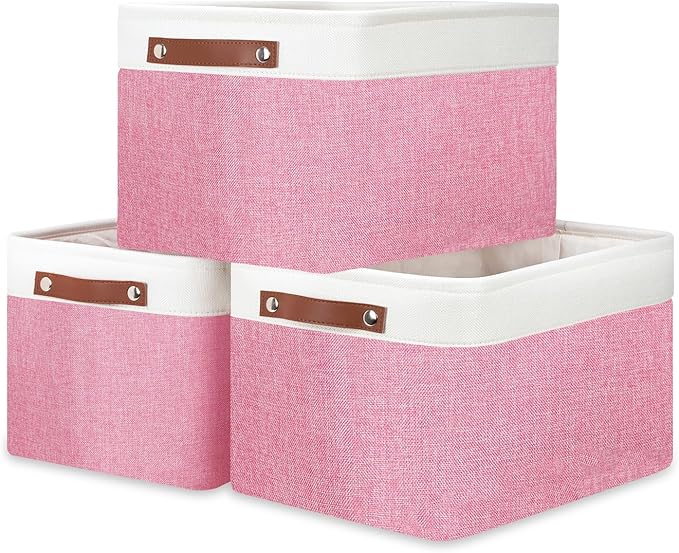 DULLEMELO Storage Baskets for Organizing, Shelves,Bedroom, Decorative Storage Bins with Faux Leather Handles, Fabric Storage Basket for Office, Toys(3-Pack, White&Pink)-Ruum Studio Home
