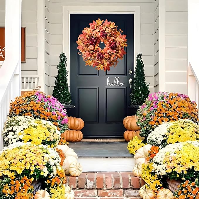 26'' Large Fall Wreath for Front Door, Autumn Wreaths for Outdoor Home Decor - Farmhouse Wreath with Maple Leaves, Pumpkins, Roses, Thanksgiving Decoration, Rustic Harvest Festival Door Hanging-Ruum Studio Home