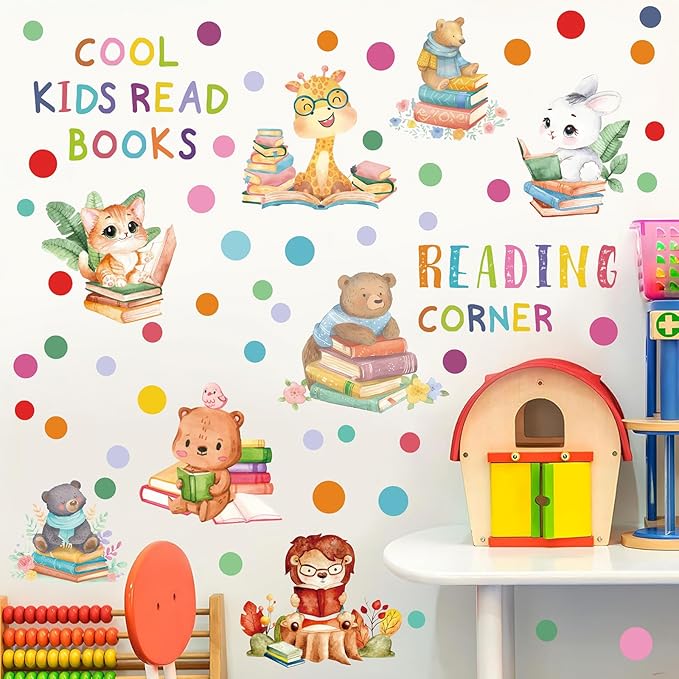 Reading Corner Decor,Reading Books Wall Decals,Learning Study Wall Stickers,Cartoon Animals Window Decals,Giraffe Bear Rabbit Read Books Stickers for Toddler Nursery Bedroom Classroom School-Ruum Studio Home