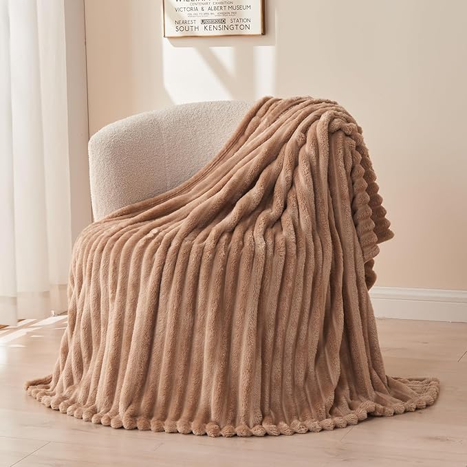 NEWCOSPLAY Super Soft Throw Blanket Taupe Premium Silky Flannel Fleece 3D Ribbed Jacquard Lightweight Bed Blanket All Season Use (Taupe Ribbed, Throw(40"x50"))-Ruum Studio Home