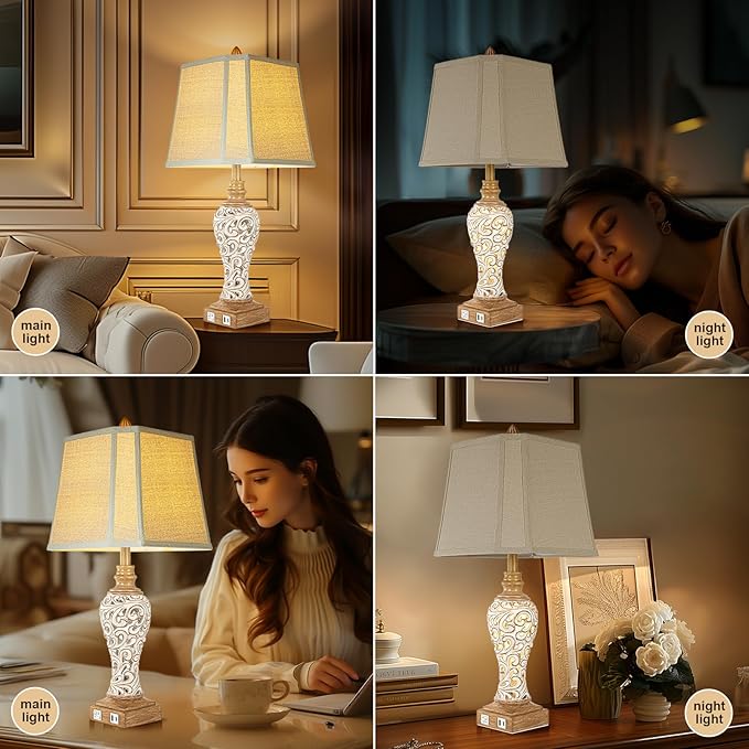 28.5" Rustic Table Lamp Set of 2 For Living Room Farmhouse Lamps for Bedroom, Bedside Lamps with Night Lights And USB C+A Charging Ports for Decor Office Study Hotel (Bulbs Included)-Ruum Studio Home