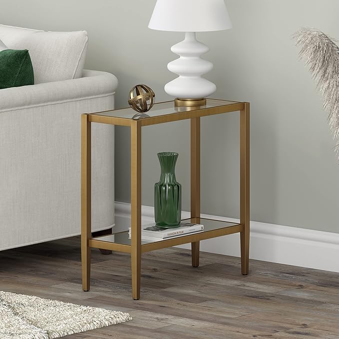 Henn&Hart 24" Wide Rectangular Side Table with Glass Shelf in Antique Brass, Table for Living Room, Bedroom-Ruum Studio Home