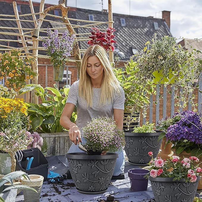 4 Pack 8 Inch Flower Pots for Outdoor Indoor, Plastic Plant Pots with Drainage Hole & Saucer, Lightweight Small Resin Flower Pot, Imitation Magnolia Pots for Garden House planters（Gray）-Ruum Studio Home