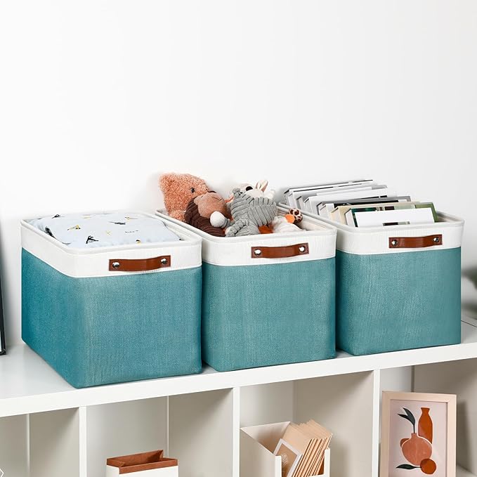DULLEMELO Large Storage Basket, Collapsible Storage Bins Decorative Storage Baskets for Home Shelves Bedroom, Linen Fabric Basket with Leather Handles for Toys Books Organizing(White&Teal-Ruum Studio Home