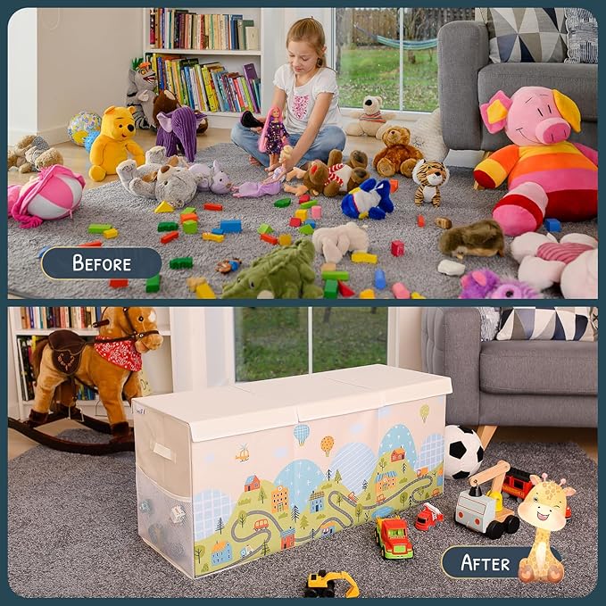 Extra Large Toy Storage Organizer with Lid - Sturdy, Collapsible Toy Chest Storage Box with Cute Design - Toys Bin with Dividers for Kids, Boys, Girls, Nursery, Bedroom, Play room 37"x16"x14"-Ruum Studio Home