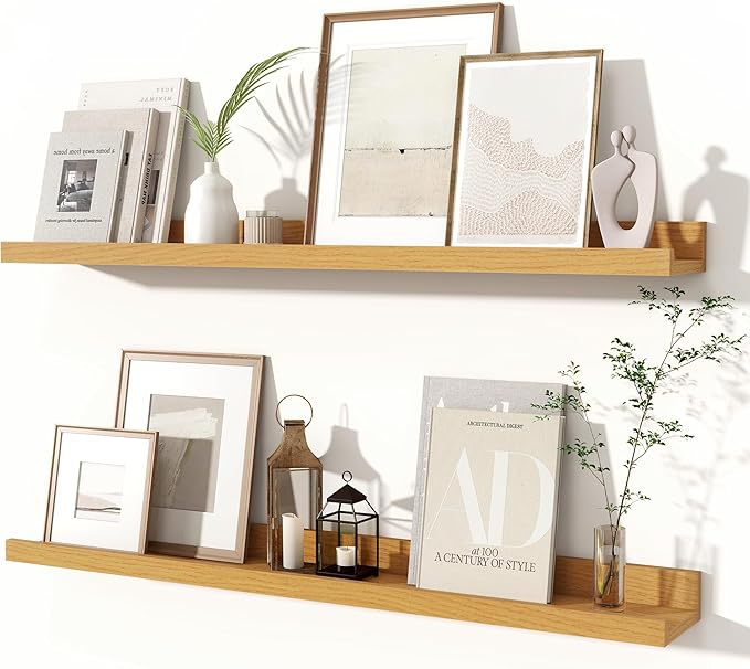 Fun Memories Picture Ledge Shelves Set of 2, 32 Inch Rustic Wall Mounted Floating Shelves with Lip for Home Storage and Décor in Bathroom, Kitchen, Nursery, Bedroom, Living Room, Oak-Ruum Studio Home