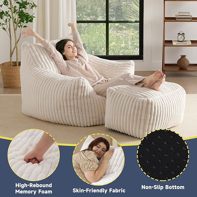 Giant Bean Bag Chairs for Adults, Oversized Chaise Lounge Chair Indoor with Memory Foam - Plush Boneless Lounger & Ottoman for Bedroom, Living Room, Gaming & Reading, Lazy Floor Sofa Chair, Beige-Ruum Studio Home