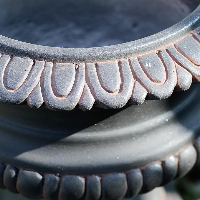 VISIBLE Classic Garden Urn Planter with Pedestal, Black Antique Finish, Cement Fiber Material, Decorative Leaf Pattern, 22 Inch Height, Indoor Outdoor Use, Delivered from Local Warehouse (Black)-Ruum Studio Home