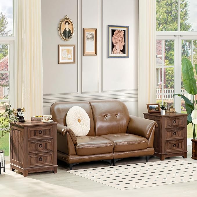 Farmhouse Night Stand Set of 2, 18" End Table with 3 Drawer Metal Handle, Dresser for Bedroom, Sofa Bed Side Table Chest of Drawers,Wood Nightstand Cabinet for Organizer, Living Room-Brown-Ruum Studio Home