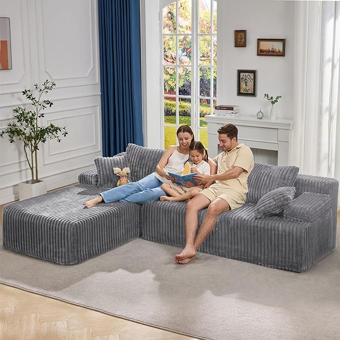 Hobestluk Modular Sectional Sofa Couches 108" L-Shape Couch 3 Seat Modular Sofa Memory Foam Sectional Couches for Living Room, Boneless Couch with Oversized Chaise (Light Grey, Left Facing)-Ruum Studio Home