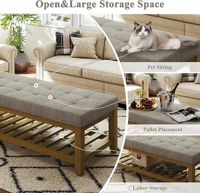Large Rectangular Upholstered Ottoman Bench, Linen Tufted Footrest Ottoman with Solid Wood Shelf Storage Coffee Table for Bedroom Living Room, Linen-Ruum Studio Home