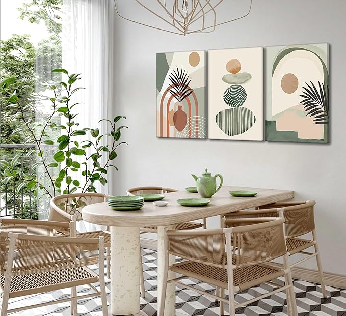 3 Pcs Mid Century Modern Boho Abstract Canvas Wall Art Neutral Green Bohemia Sun and Plant Pictures Wall Decor Posters Print Artwork for Living Room Bedroom Bathroom Office Home Decoration-Ruum Studio Home