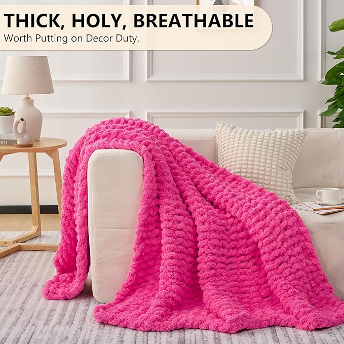 L'AGRATY Chunky Knit Blanket Throw: 50''x60'' Chenille Chunky Knitted Throw Blanket for Bed Couch - Handmade Thick Big Cable Knit Blankets - Large Crochet Rope Blanket for Home Decor(Hot Pink)-Ruum Studio Home