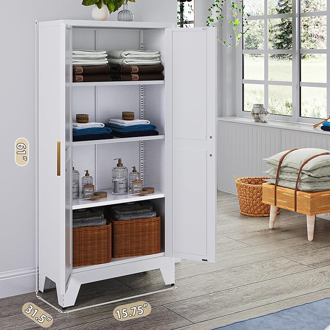 61" Tall Farmhouse Metal Pantry Cabinet, Kitchen Pantry Storage Cabinets with 2 Barn Door and Adjustable Shelves,Metal Pantry Storage Cabinet,for Kitchen,Laundry Room,Home Office,Kids Room (White)-Ruum Studio Home